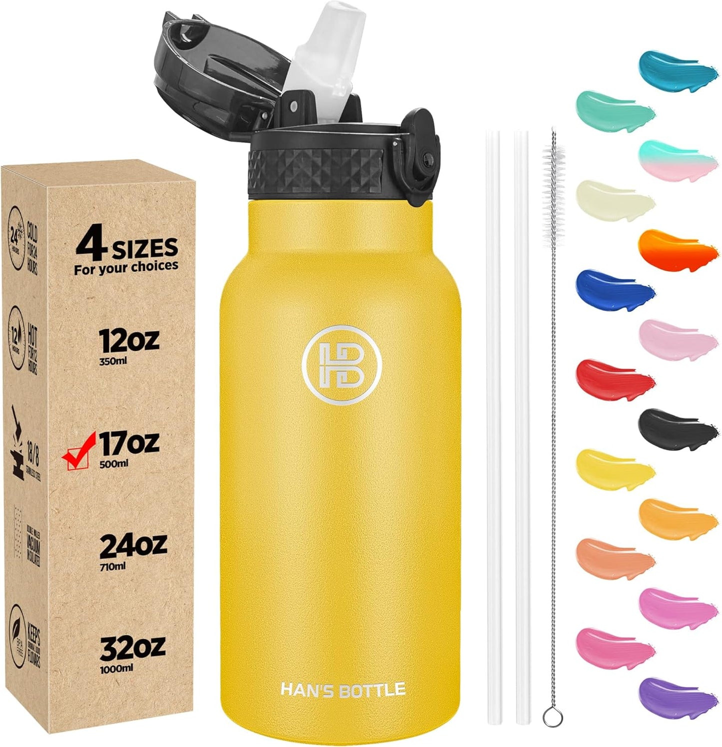 Han's Bottle Sports Water Bottle - 24 Oz, Straw Lid, Leak Proof, Vacuum Insulated Stainless Steel, Double Walled, Thermo Mug,Black