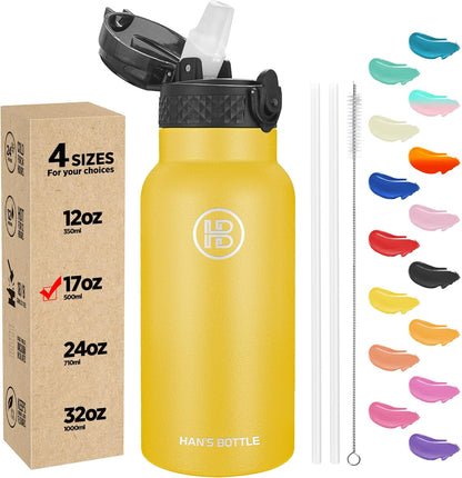 Han's Bottle Sports Water Bottle - 24 Oz, Straw Lid, Leak Proof, Vacuum Insulated Stainless Steel, Double Walled, Thermo Mug,Black