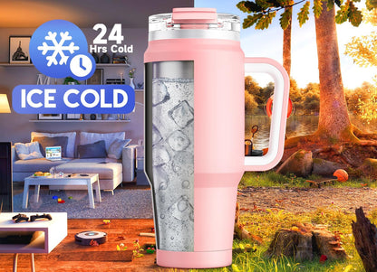 Meoky 32 oz Tumbler with Handle, Insulated Tumbler with Lid and Straw, Stainless Steel Travel Mug, Keeps Cold for 24 Hours, 100% Leak Proof, Fits in Car Cup Holder (Night)