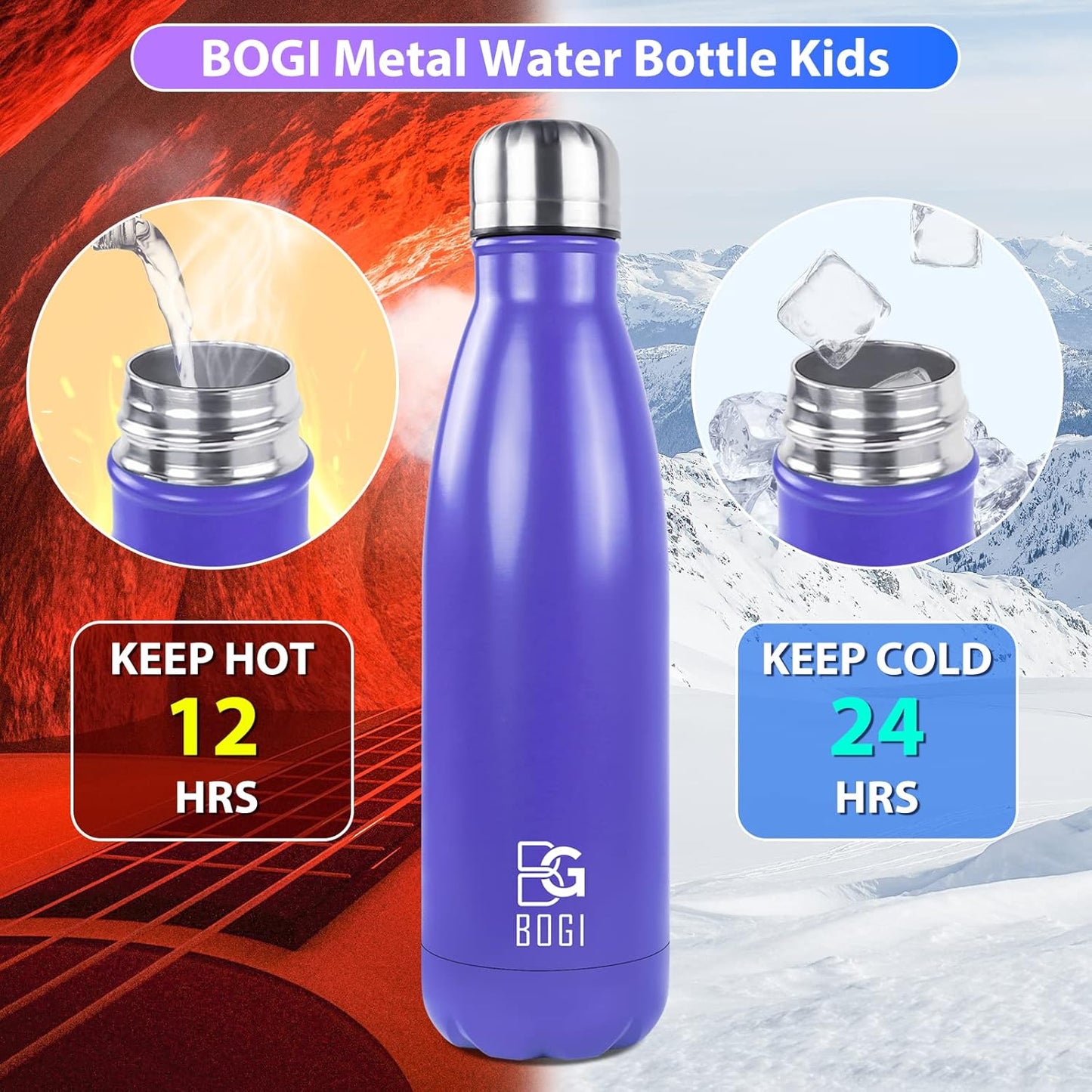 BOGI 17oz Insulated Water Bottle Double Wall Vacuum Stainless Steel Water Bottles, Leak Proof Metal Sports Water Bottle Keeps Drink Hot and Cold - Perfect for Outdoor Sports Camping Biking (Purple)