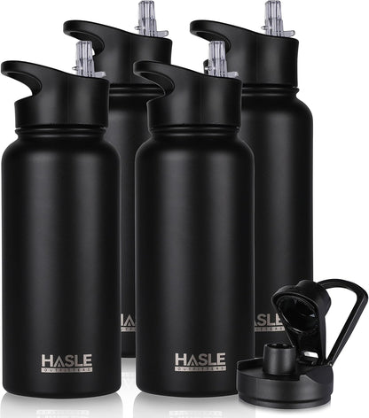 HASLE OUTFITTERS 32 oz Insulated Water Bottle Stainless Steel Double Walled Vacuum Sports Water Bottle with 2 Lids (Straw and Spout Lid) for Gym Camping Hiking(Black,1)