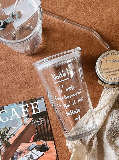 Olvini 15oz Glass Tumbler with Straw and Lid, Cute Iced Coffee Cups, Aesthetic Glass Cups, Coffee Tumbler, Water Cup, Matcha Cup, Drinking Glasses (Clear)