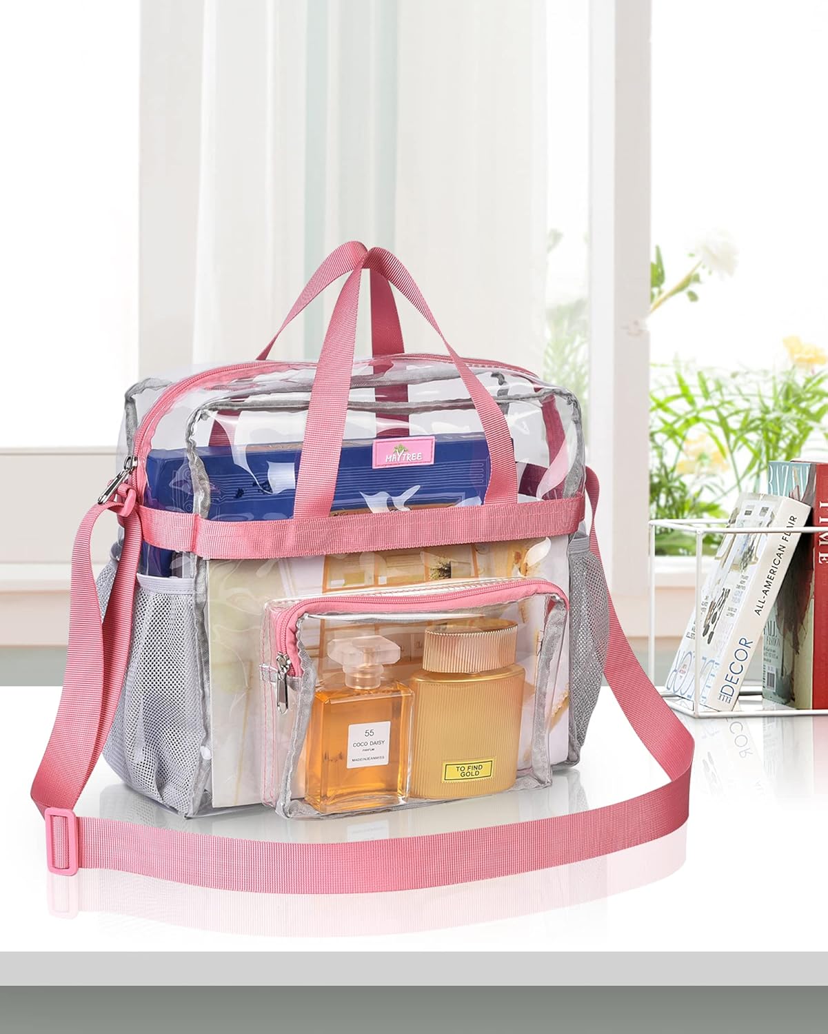 MAY TREE Clear Bag for Stadium Events, 12×5.5×12 Clear Tote Lunch Bag with Non-detachable Reinforced Straps for Work, Sporting Events and Gym, Black