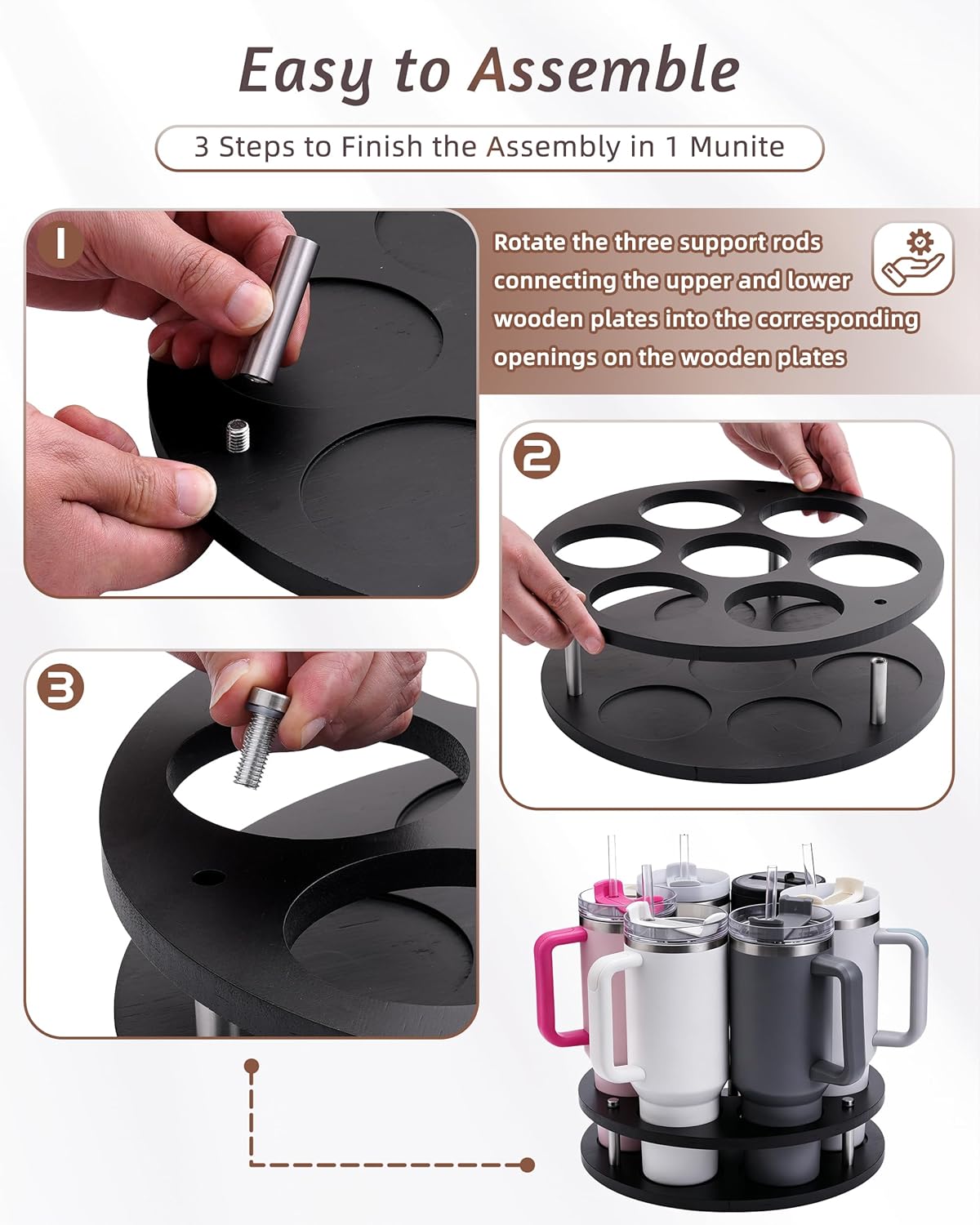 Rotating Wood Tumbler Organizer, 30 oz 40 oz Spinning Turnable Tumblers Holder, 360° Rotatable 7 Large Cups Bottle Tumbler Storage Display Stand, Rotate Syrup Organizer for Cabinet Countertop