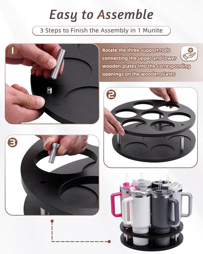 Rotating Wood Tumbler Organizer, 30 oz 40 oz Spinning Turnable Tumblers Holder, 360° Rotatable 7 Large Cups Bottle Tumbler Storage Display Stand, Rotate Syrup Organizer for Cabinet Countertop