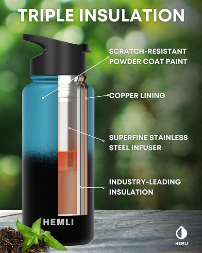 22 oz Ceramic Lined Tea Infuser Travel Tumbler, Micro-Mesh Stainless Steel Infuser, Pure Taste Ceramic Interior, Triple Insulated 12hr Hot Cold, Dual Sip & Straw Lid, Scratch-Resistant