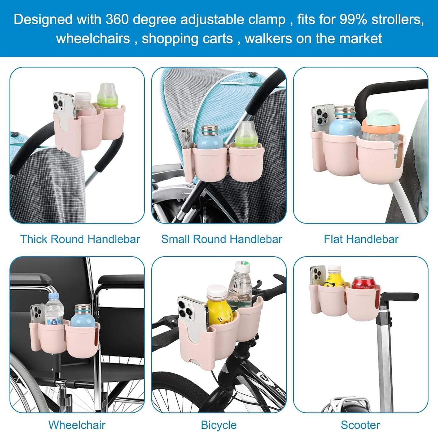 Accmor Stroller Cup Holder with Phone Holder, Bike Cup Holder, Universal Cup Holder for Uppababy Nuna Doona Strollers, 2-in-1 Cup Holder for Walker, Wheelchair, Scooter - Colors A