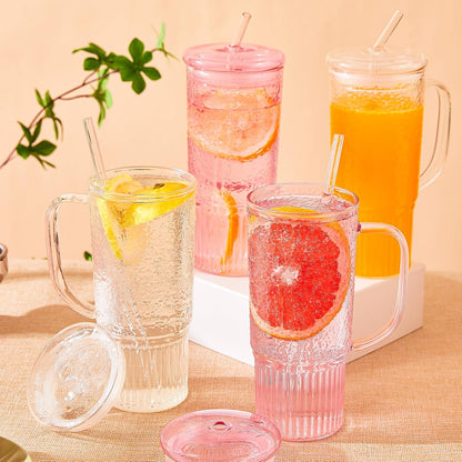 JunVpic Glass Cups with Lids and Straws,24oz Glass Tumbler with Handle Iced Coffee Cup for Coffee,Juice,Tea,Milk,Smoothie,Hot & Cold Drinks (Pink)