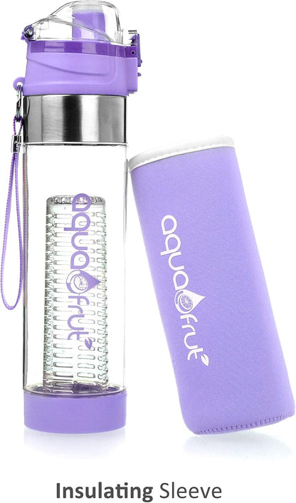 NEW Improved AquaFrut Bottom Loading Fruit Infuser Water Bottle Complete Bundle Includes Bottle Brush, Insulating Sleeve & Infusion Recipe eBook. Leak Proof Sweat Proof BPA-Free (Purple)