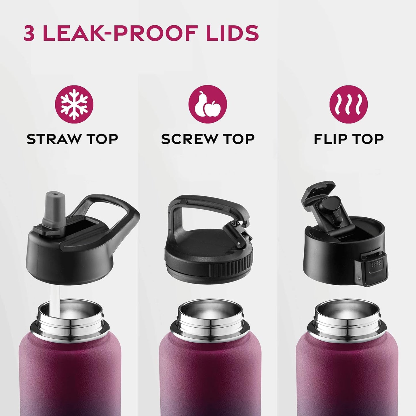 FineDine Water Bottle - Stainless Steel Insulated Water Bottle with Straw Lid, Flip Lid & Wide-Mouth Cap - Keeps Hot and Cold - 25 Oz / 739ml - Dreamy Purple