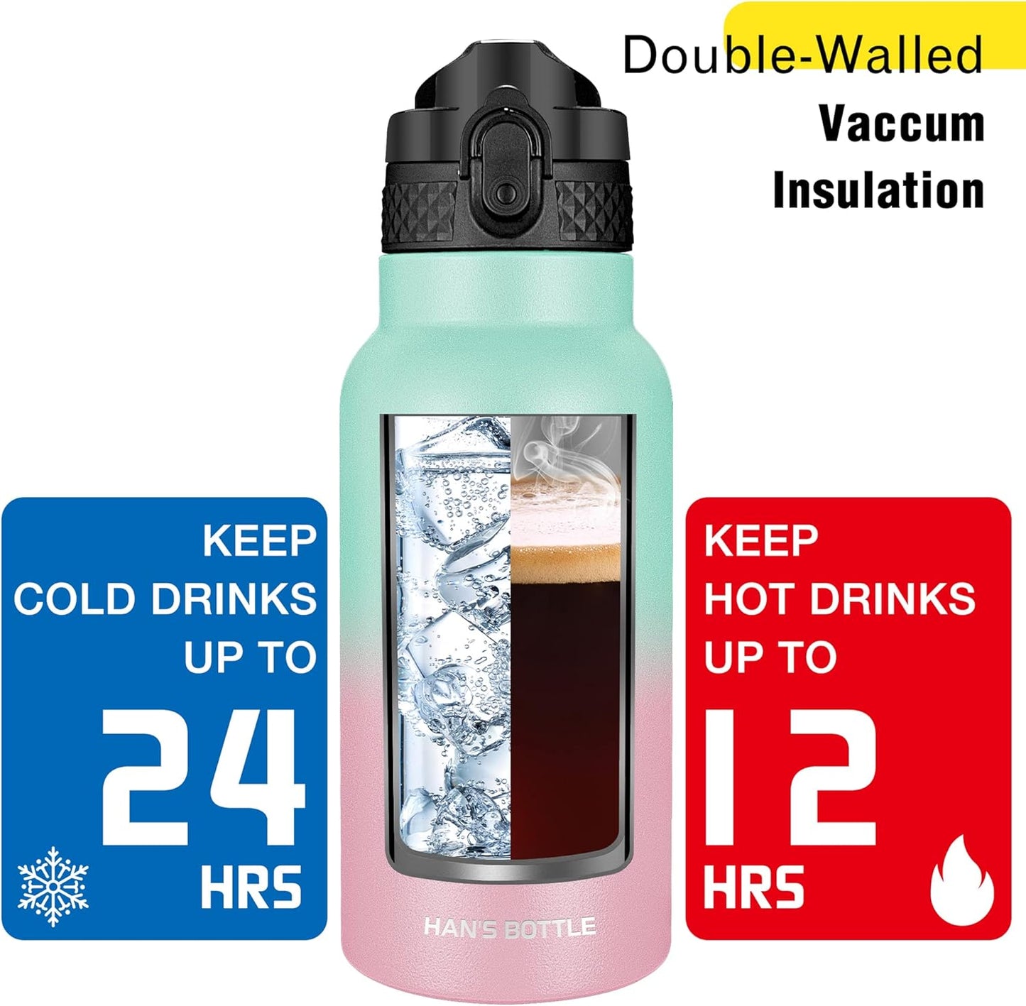 Han's Bottle Sports Water Bottle - 24 Oz, Straw Lid, Leak Proof, Vacuum Insulated Stainless Steel, Double Walled, Thermo Mug,Black