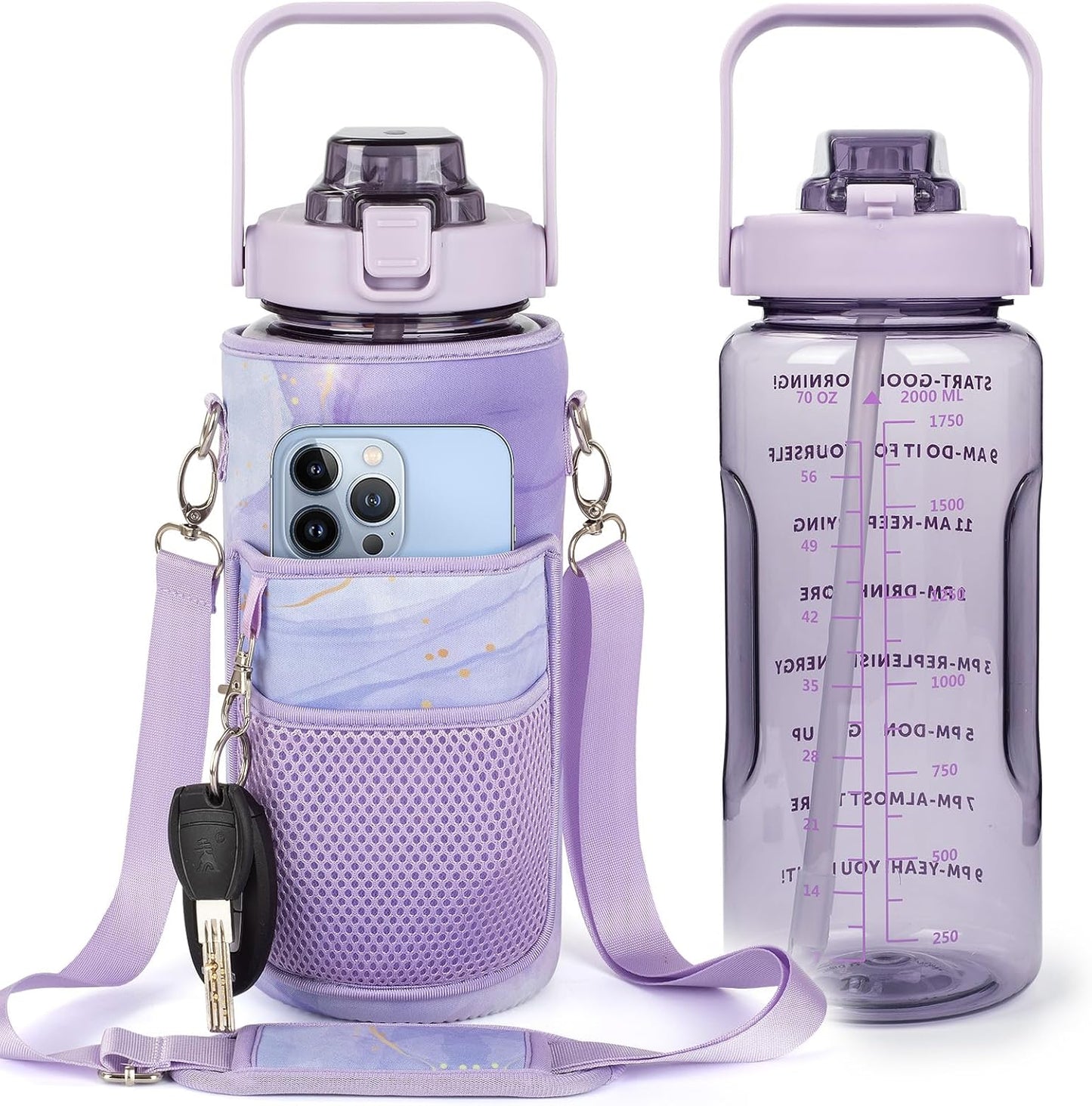 Half Gallon Water Bottle with Sleeve, 64OZ Motivational Water Bottle with Straw & Time Marker, BPA Free Leakproof Gym for Sport Workout