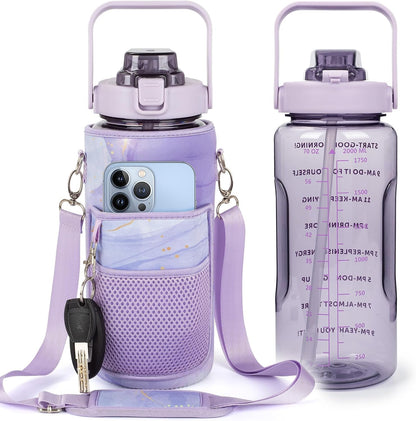 Half Gallon Water Bottle with Sleeve, 64OZ Motivational Water Bottle with Straw & Time Marker, BPA Free Leakproof Gym for Sport Workout