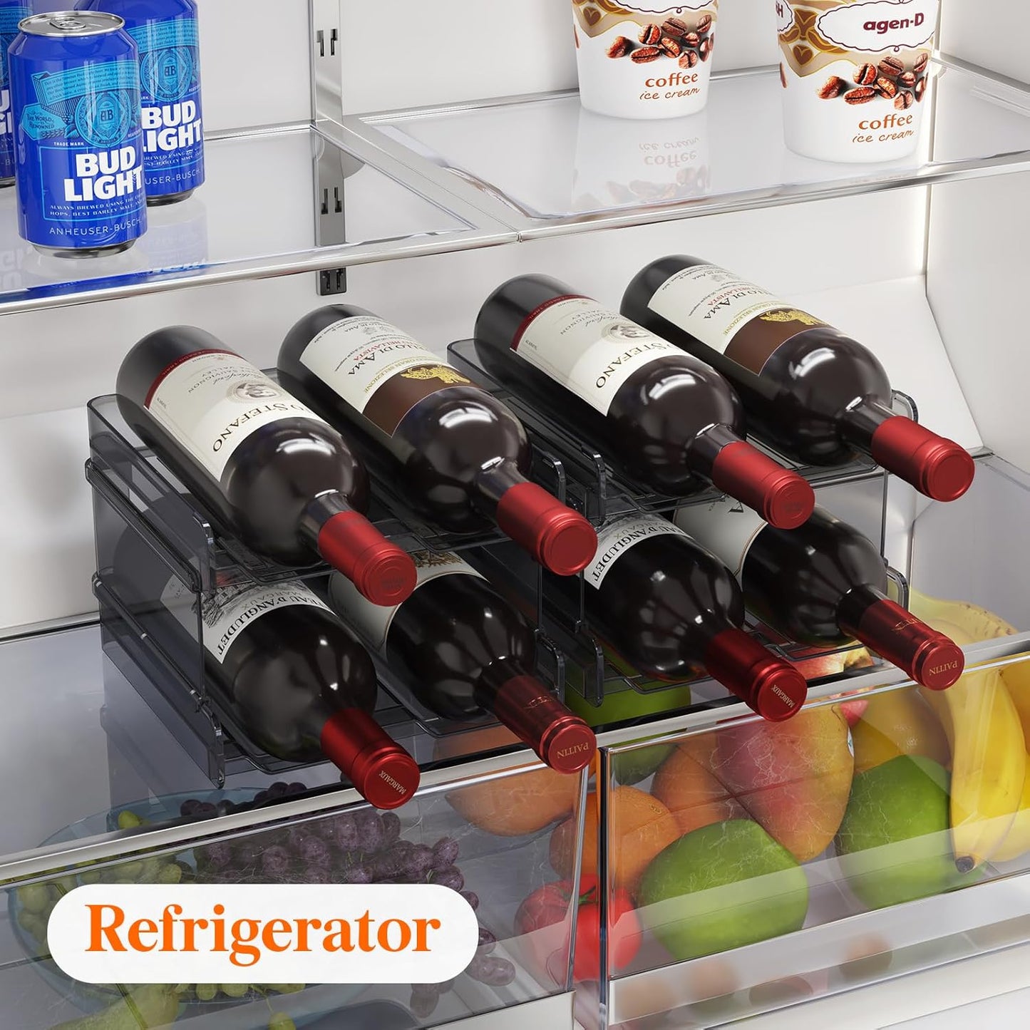 Lifewit Plastic Stackable Wine Rack for Refrigerator, Cabinet, Countertop,Wine Bottle Holder, Water Bottle Organizer for Fridge, Pantry, Hold 4 Bottles