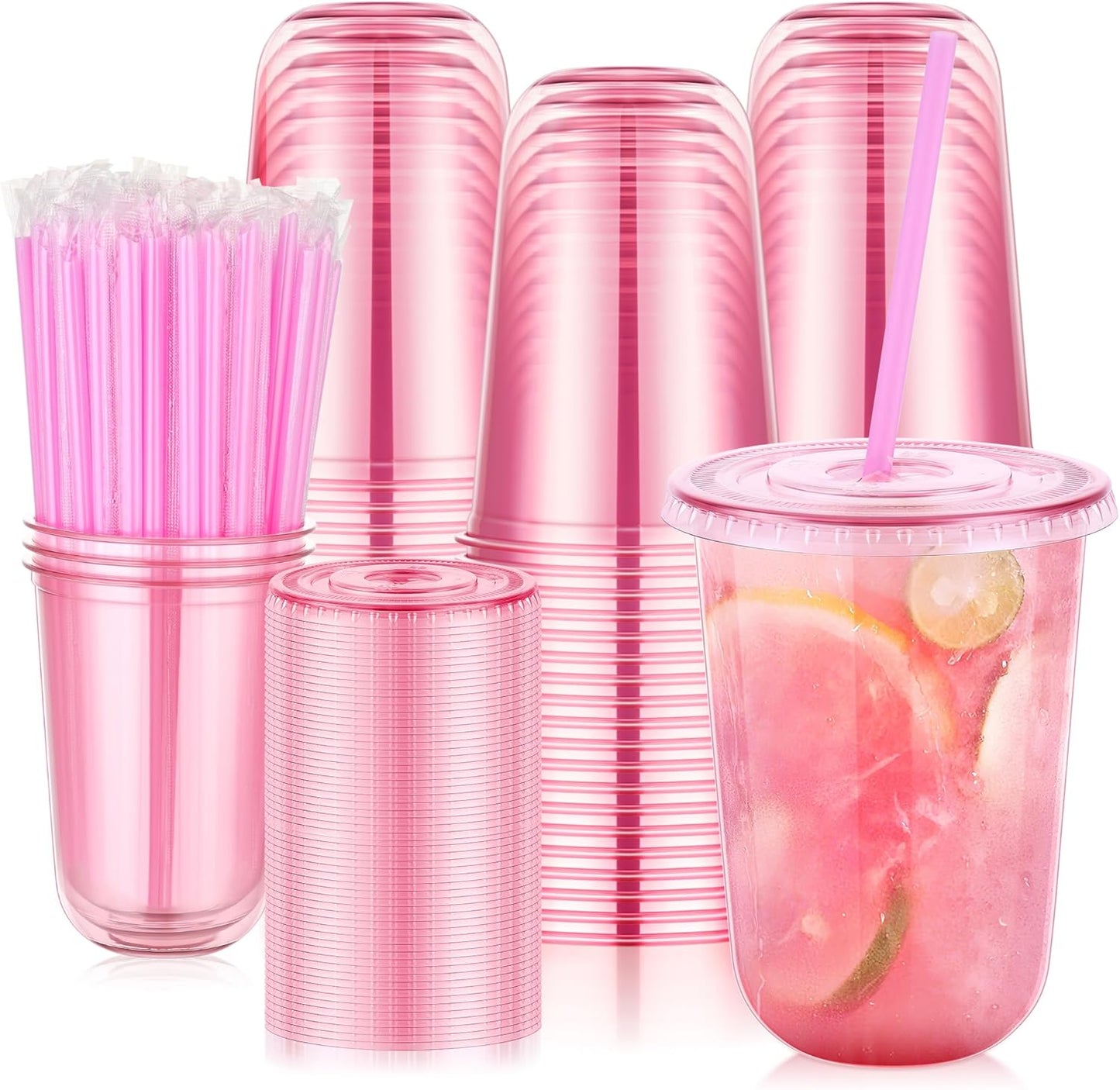tchrules 100 Set 16oz Plastic Cups with Lids and Straws, Disposable Clear Iced Coffee Cup with Lid, Round Bottom Plastic To Go Cups for Cold Drinks Slushie Smoothie Lemonade Matcha Party Shop Supplies