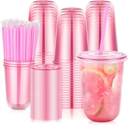 tchrules 100 Set 16oz Plastic Cups with Lids and Straws, Disposable Clear Iced Coffee Cup with Lid, Round Bottom Plastic To Go Cups for Cold Drinks Slushie Smoothie Lemonade Matcha Party Shop Supplies