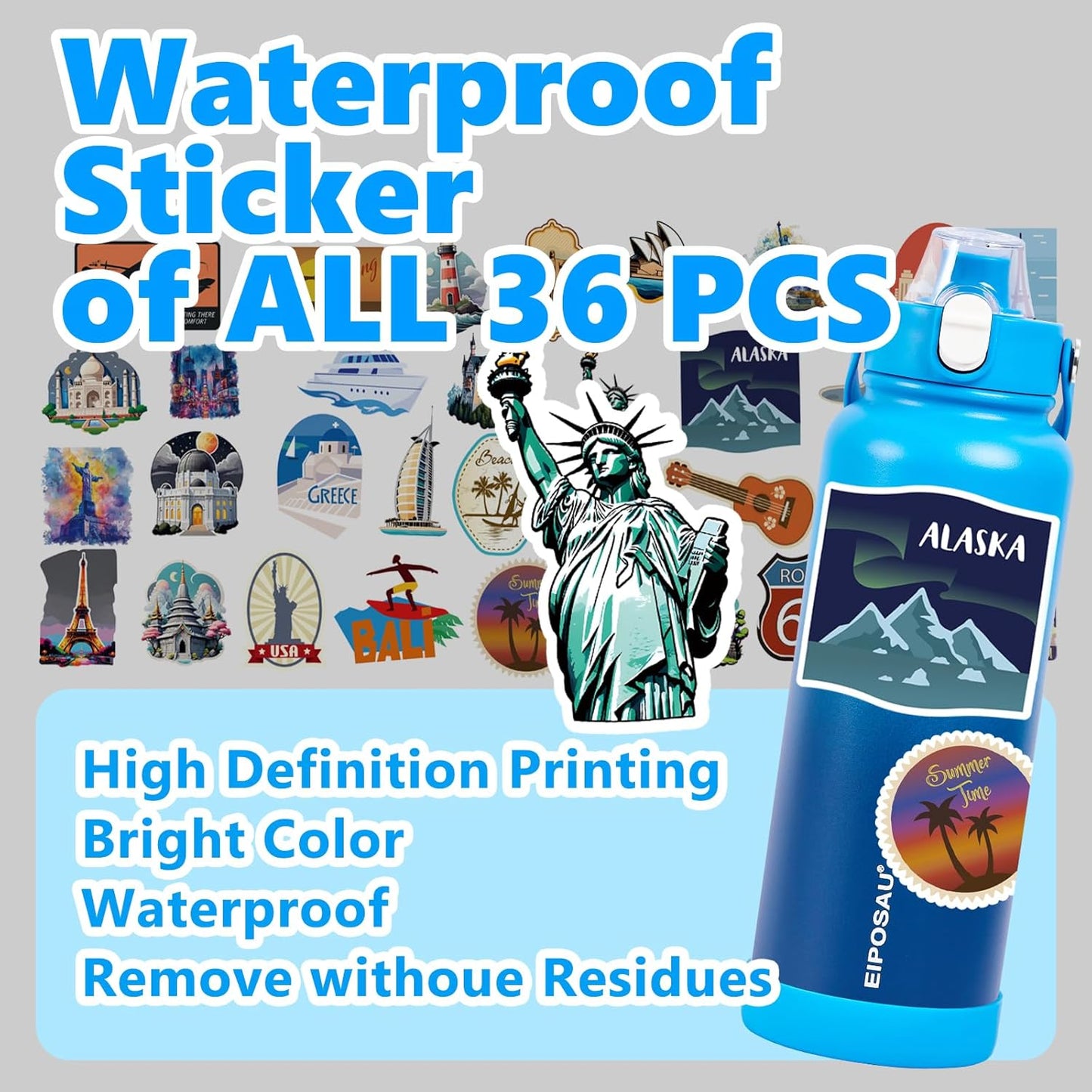 Insulated Water Bottle with Lid & Boot & Stickers, 24 oz Stainless Steel Sweat Free Bottle Keep Cold 24H, BPA-Free Sports Wide Mouth Water Bottle, BlueBlack