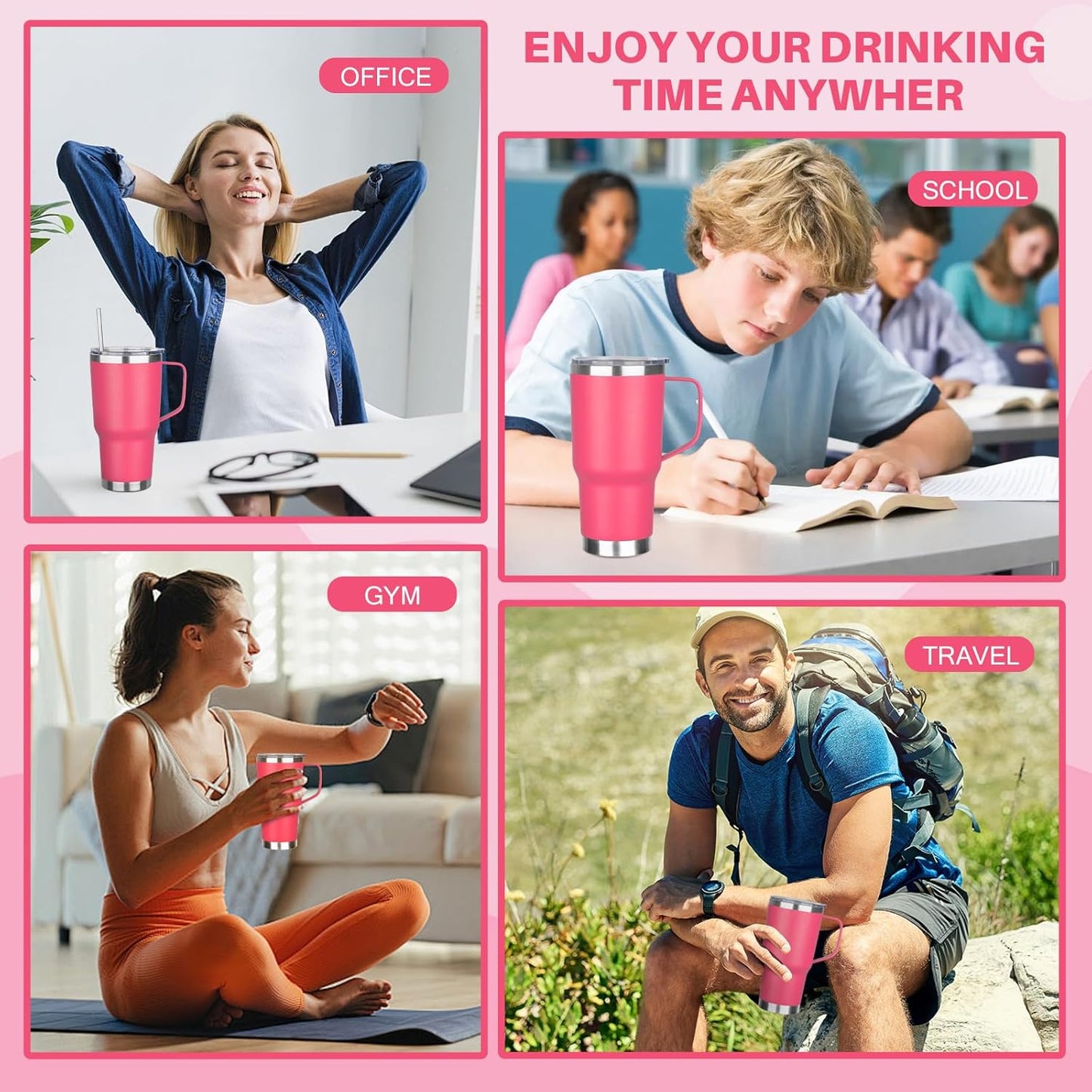 40 oz Tumbler with Handle, Insulated Tumbler with Lid and Straw, Reusable Stainless Steel Vacuum Insulated Cup, 100% Leak Proof Thermal Travel Coffee Mug Cup for Cold and Hot (Light Purple)