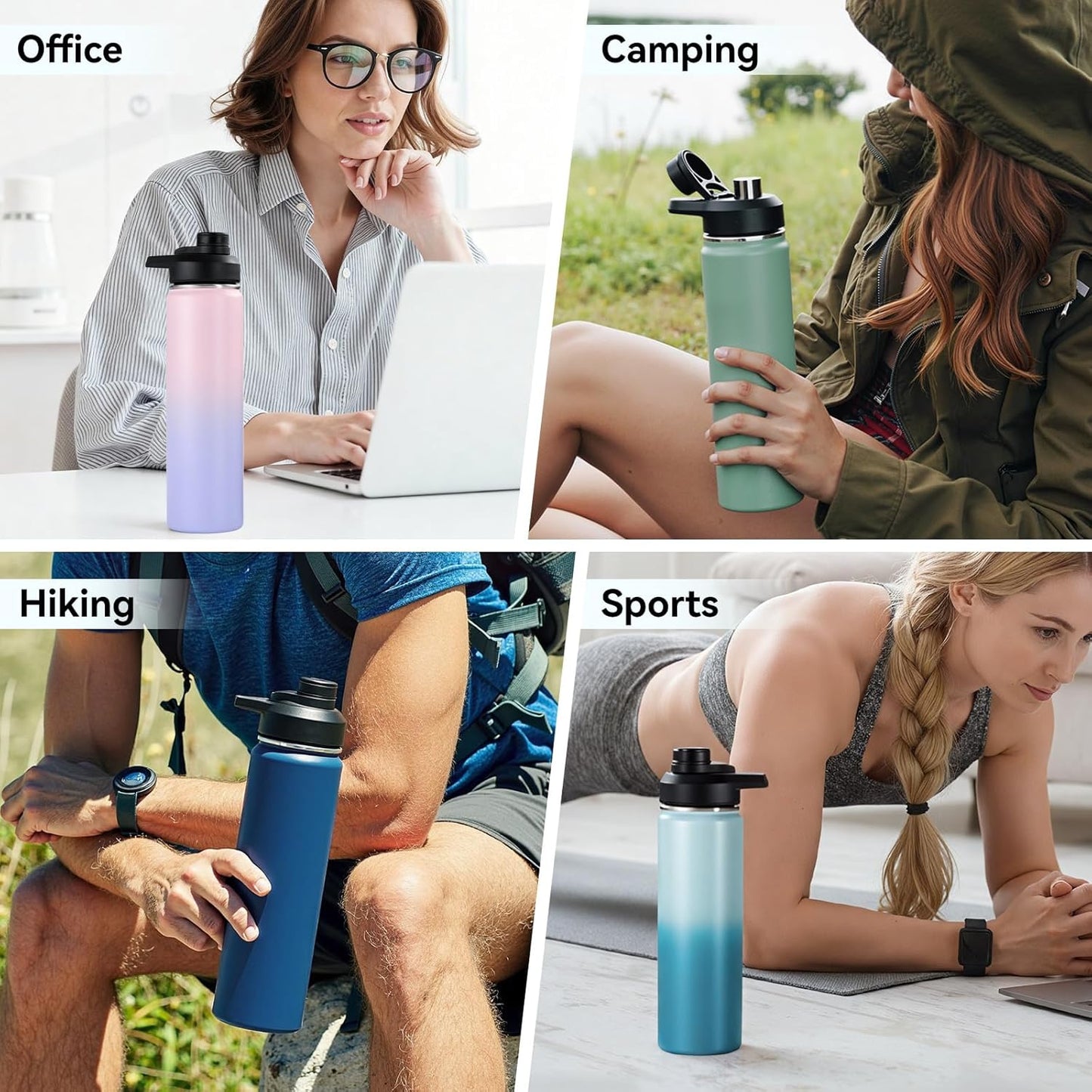 Fijinhom 24 oz Insulated Water Bottle with Handle, 304 Stainless Steel Water Bottles with Wide Mouth, Double Wall Vacuum Sports Water Bottle, BPA Free, Keep Cold and Hot, Black | with Handle