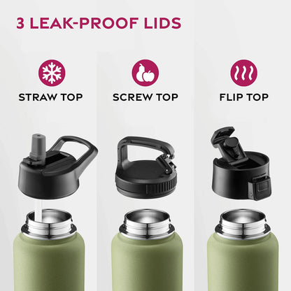 FineDine Water Bottle - Stainless Steel Insulated Water Bottle with Straw Lid, Flip Lid & Wide-Mouth Cap - Keeps Hot and Cold - 25 Oz / 739ml - Dreamy Purple