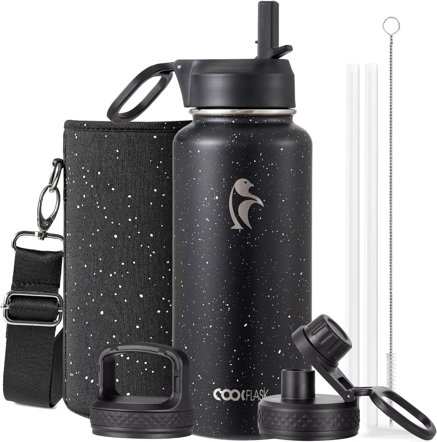 Half Gallon Water Bottle Insulated with Straw & 3 Lids, Coolflask 64 oz Water Jug Large Metal Stainless Steel Wide Mouth for Sports, Gym or Office, Non-BPA Keep Cold 48H Hot 24H, Samurai Cyan