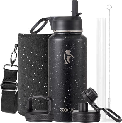 Half Gallon Water Bottle Insulated with Straw & 3 Lids, Coolflask 64 oz Water Jug Large Metal Stainless Steel Wide Mouth for Sports, Gym or Office, Non-BPA Keep Cold 48H Hot 24H, Samurai Cyan