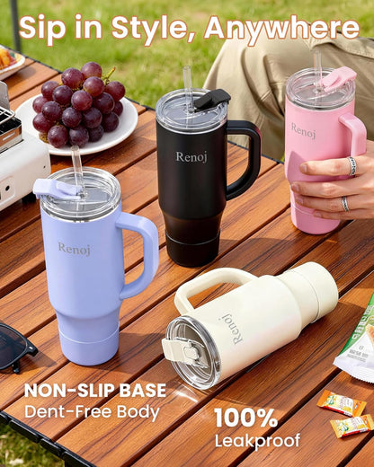 Renoj Insulated Mug 100% Leak Proof Insulated Water Bottle for Iced Coffee & Hot Drinks - Fits Car Cup Holder, Ideal Gift, 2 Straws & Silicone Boot - SnapShift Pink 32 oz