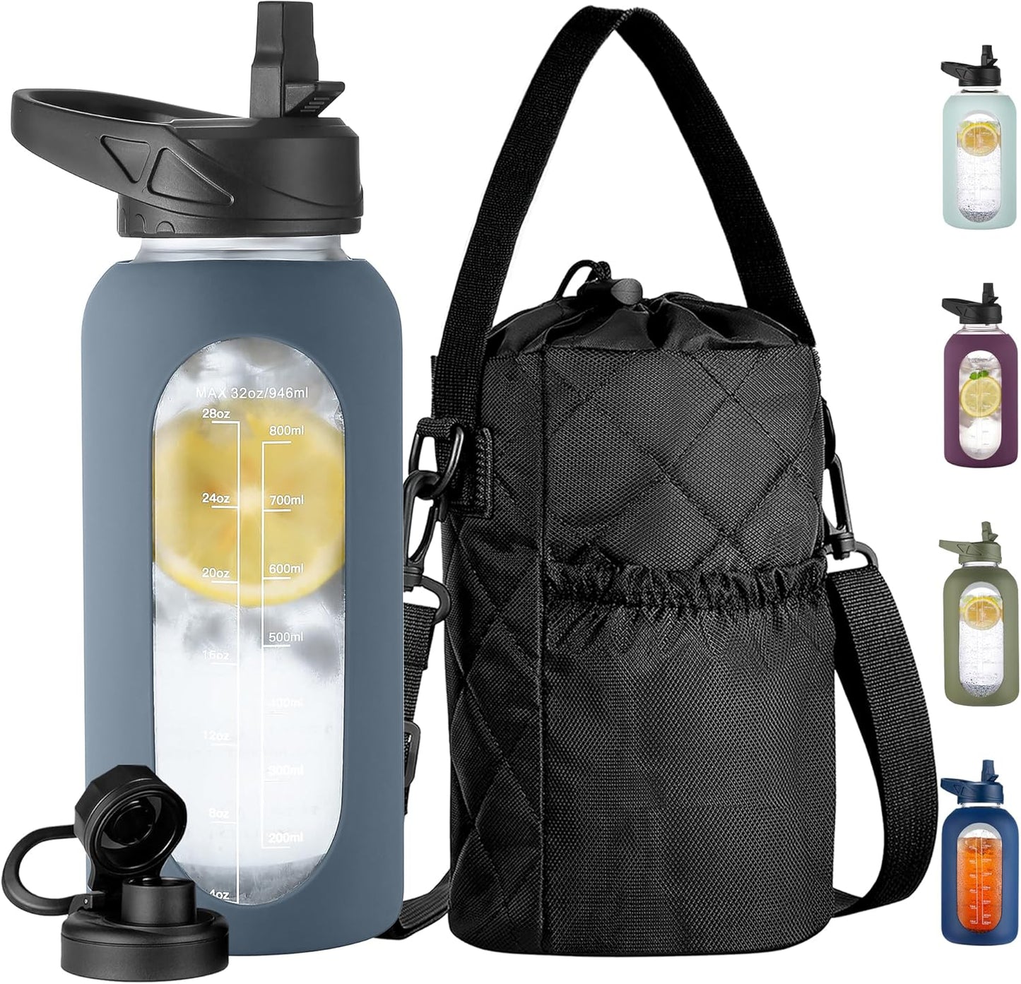 CIVAGO 32 oz Glass Water Bottle with Straw and Insulated Bottle Holder Sling, Motivational Water jug with Time Marker and Silicone Sleeve, Large Sport Water Flask with 2 Lids, Black
