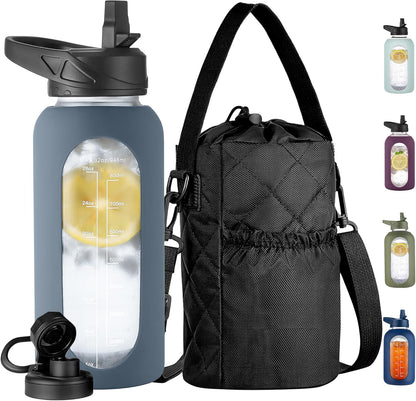 CIVAGO 32 oz Glass Water Bottle with Straw and Insulated Bottle Holder Sling, Motivational Water jug with Time Marker and Silicone Sleeve, Large Sport Water Flask with 2 Lids, Black