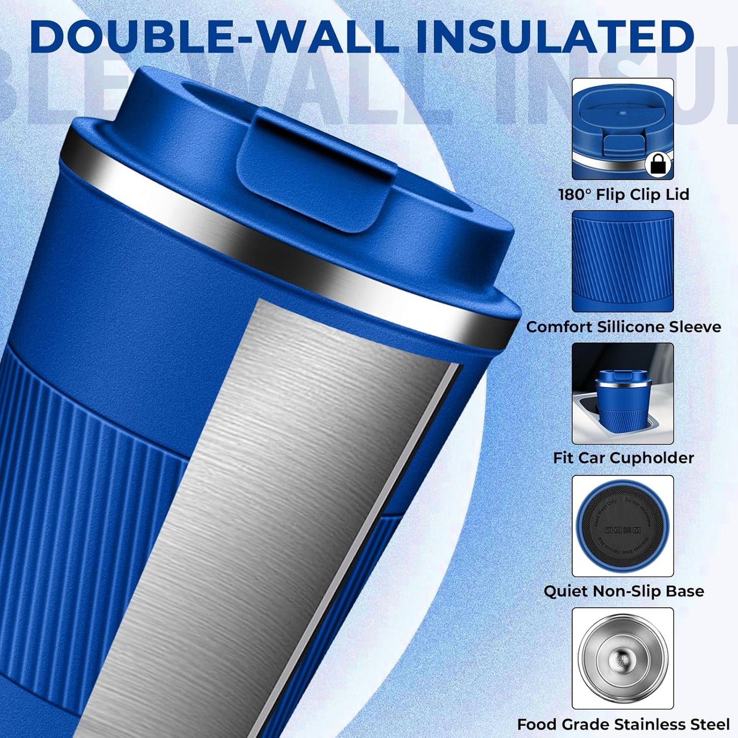 Insulated Coffee Tumbler 12 oz, Stainless Steel Coffee Mug with Lids, Travel Coffee Mug Leak Proof, Double Wall Vacuum Insulated Reusable Coffee Cup, Keep Drinks Hot and Cold (Sky Blue, 12 Ounces)