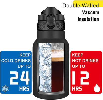 Han's Bottle Sports Water Bottle - 24 Oz, Straw Lid, Leak Proof, Vacuum Insulated Stainless Steel, Double Walled, Thermo Mug,Black