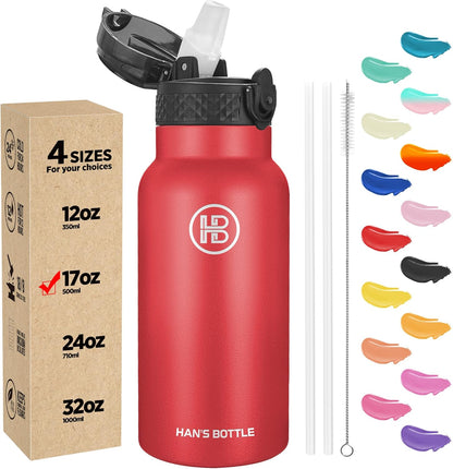 Han's Bottle Sports Water Bottle - 24 Oz, Straw Lid, Leak Proof, Vacuum Insulated Stainless Steel, Double Walled, Thermo Mug,Black