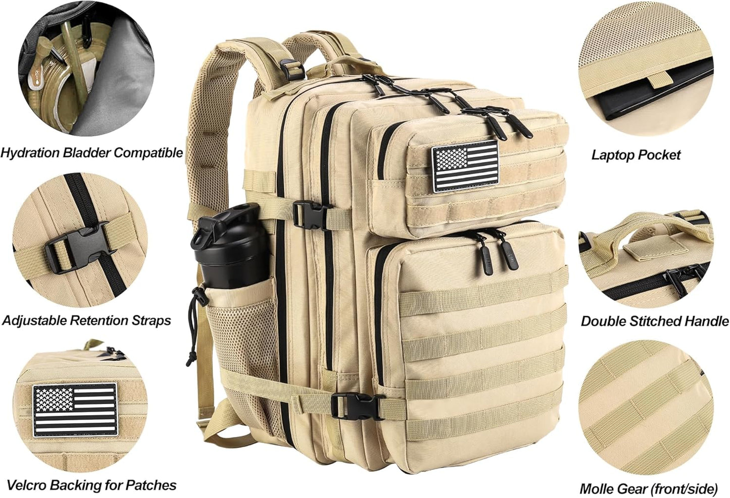 LHI Military Tactical Backpack for Men and Women 45L Army 3 Days Assault Pack Bag Large Rucksack with Molle System - Black - Colors A