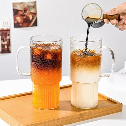32oz Ribbed Borosilicate Glass Tumbler with Handle, Bamboo Lid and Straw, Iced Coffee Cup Modern Glass Mug for Hot/Cold Drinks, Smoothies, Tea, and Juice (Clear-1 Pack)