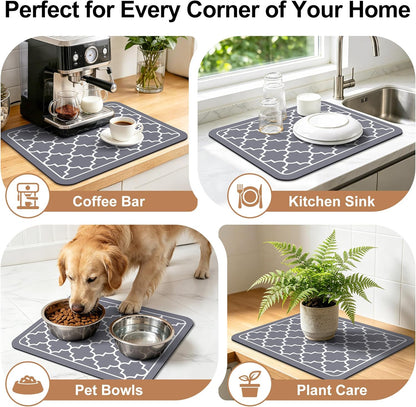 WISELIFE Dish Drying Mat Super Absorbent Drying Mat Large Dish Drying Mats for Kitchen Counter Easy Clean Dish Mat Kitchen Drying Mat15"x 18" Stylish Grey