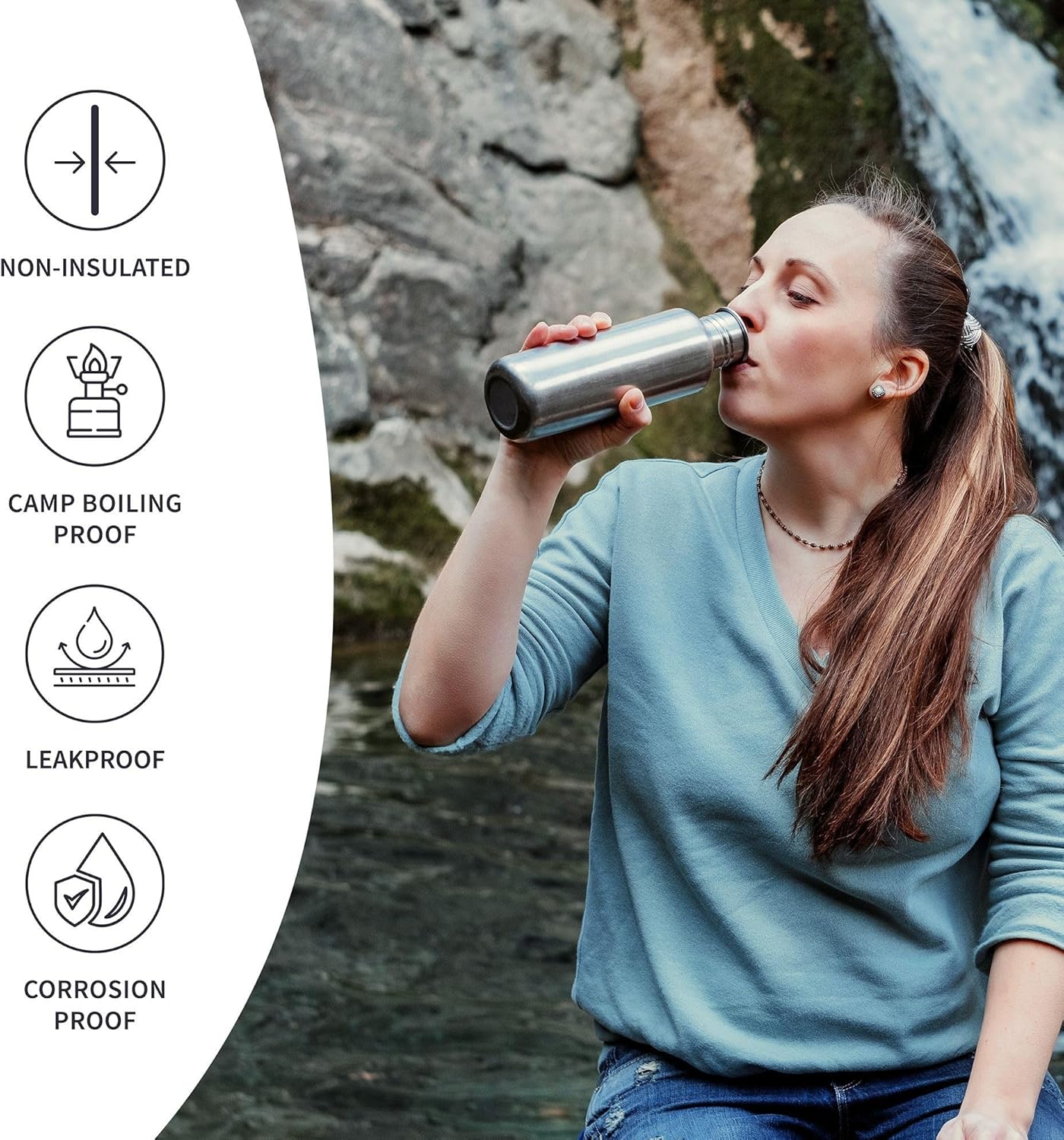 Bambaw Stainless Steel Water Bottles 32 oz, Non-insulated Single Wall Metal Water Bottle Stainless Steel, Reusable & Eco Friendly, Dishwasher Safe – Silver | Non-insulated