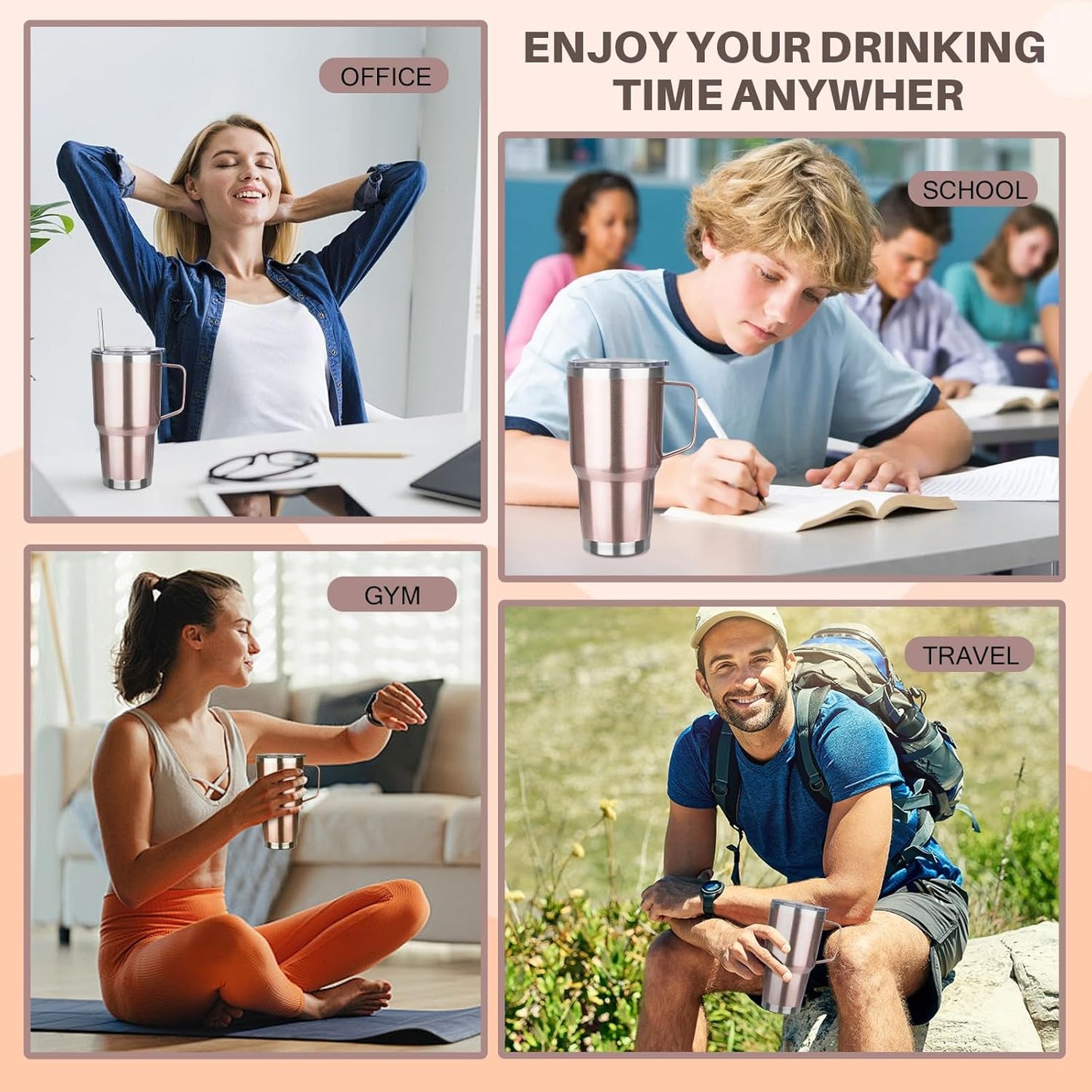 40 oz Tumbler with Handle, Insulated Tumbler with Lid and Straw, Reusable Stainless Steel Vacuum Insulated Cup, 100% Leak Proof Thermal Travel Coffee Mug Cup for Cold and Hot (Light Purple)