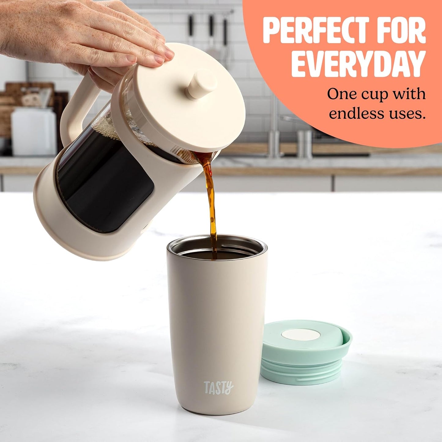 Tasty 12oz Insulated Stainless Steel Push Mug, Leak-Proof Lid with One-Hand Open/Close Button, Travel Coffee Cup, Double Wall Vacuum Flask, Aqua Blue