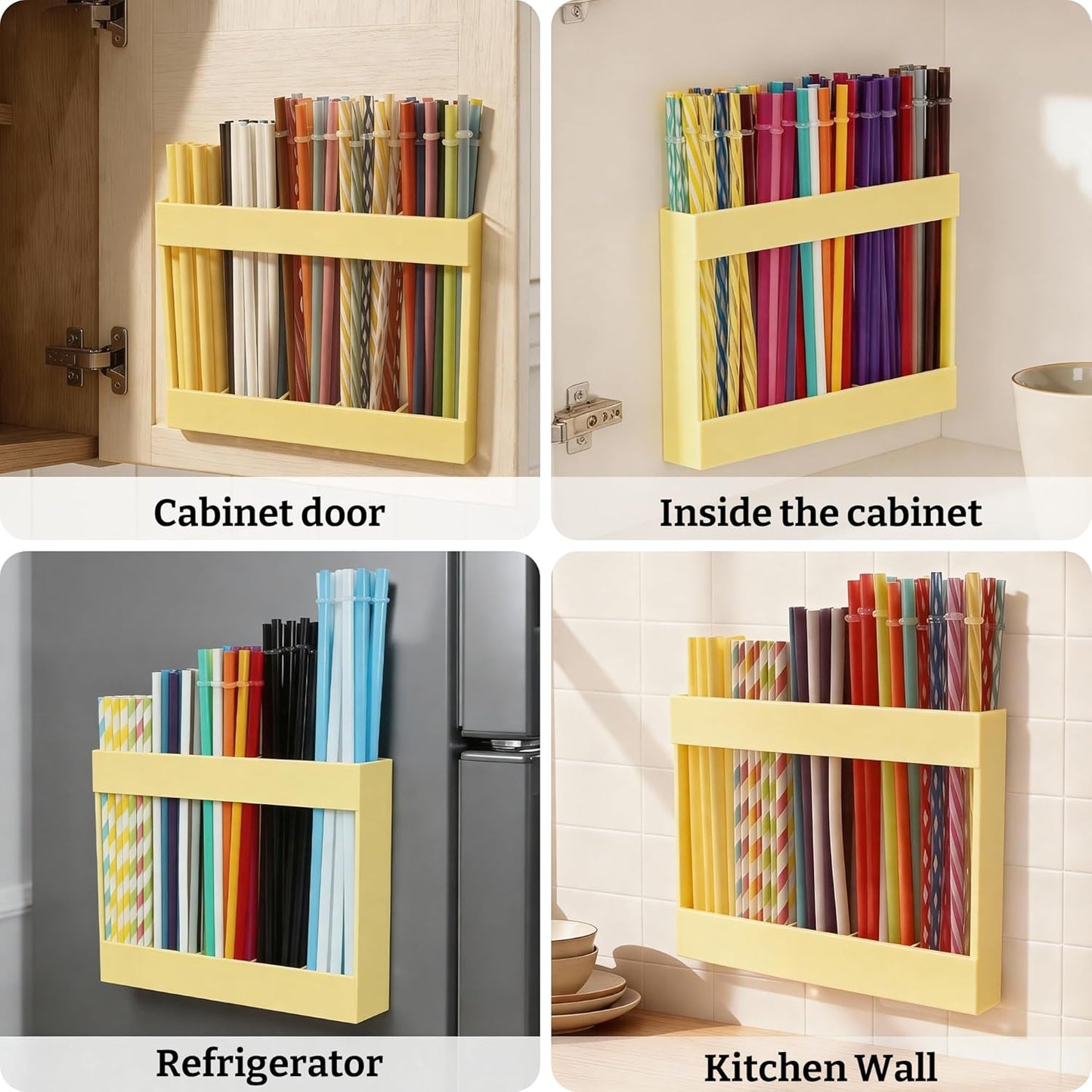 9.5” Large Acrylic Straw Holder for Cabinet Door with Detachable Ultra Sticky Adhesive Squares and Stickers, 2026 Reusable Straws Organizer Storage Dispenser for Kitchen Counter Cupboard