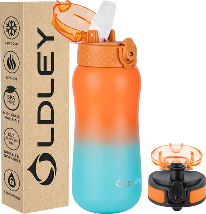 Oldley Insulated Water Bottle 20oz for Adults Kids Stainless Steel Water Bottles with Straw/Chug/Carabiner 3 Lids Fruit Strainer Double Wall Vacuum Wide Mouth BPA Free Leak-Proof for School Travel