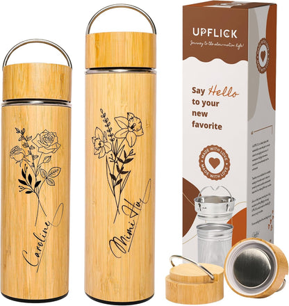 Bamboo Water Bottle Insulated Tea Tumbler for Men Birthday Gift, Women Travel Tea Set with Diffuser for Loose Tea Leaves, Stainless Steel Leak Proof Gift for Mom (15 oz)