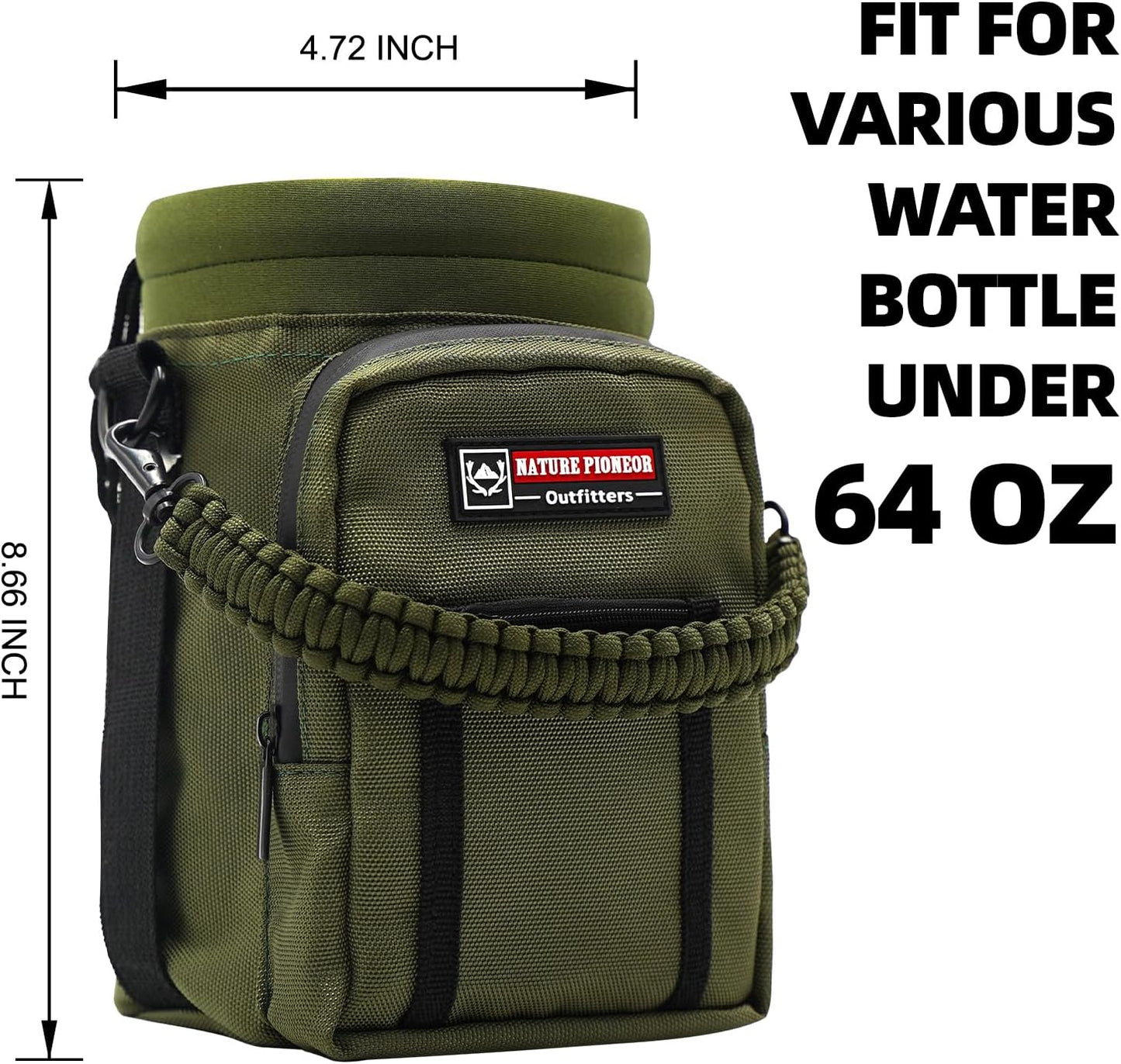 NATURE PIONEOR Water Bottle Holder with Adjustable Strap - 26/32/36/40/46/64oz Insulated Water Bottle Sling Carrier with Paracord Handle & 2 Pockets, Outdoor Sports, Hiking, Camping, Gym