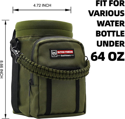NATURE PIONEOR Water Bottle Holder with Adjustable Strap - 26/32/36/40/46/64oz Insulated Water Bottle Sling Carrier with Paracord Handle & 2 Pockets, Outdoor Sports, Hiking, Camping, Gym