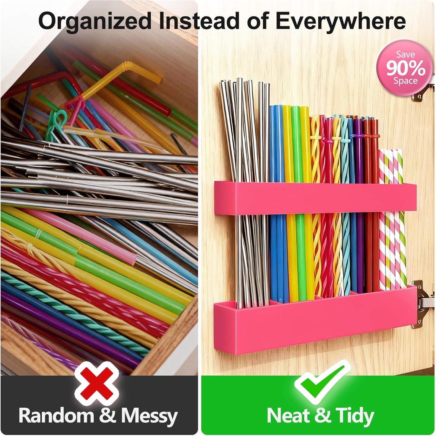 9.5” Large Acrylic Straw Holder for Cabinet Door, Reusable Adjustable Two-Part Straws Organizer with Ultra Sticky Adhesive Strips, 2026 Straw Storage for Kitchen Cupboard (Transparent)