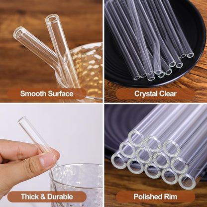 Antner 12 Pack Reusable Glass Straw, 8.5" x 10MM Bent Clear Glass Drinking Straws for Hot & Cold Drinks, 2 Cleaning Brushes Included