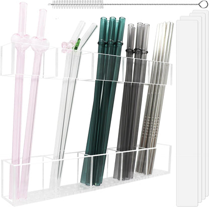 Acrylic Straw Holder for Cabinet Door 9.5”- Transparent Reusable Tumbler Straw Organizer Storage, Clear Small Kitchen Organization Accessories Container Rack, Ultra Sticky Cupboard Door Mounted