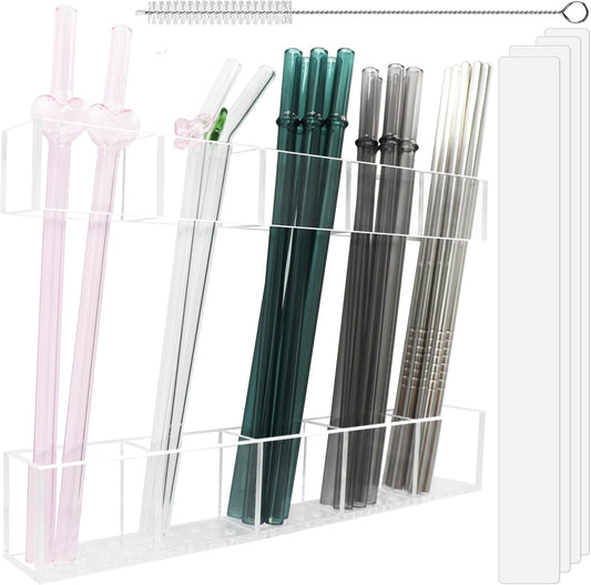 Acrylic Straw Holder for Cabinet Door 9.5”- Transparent Reusable Tumbler Straw Organizer Storage, Clear Small Kitchen Organization Accessories Container Rack, Ultra Sticky Cupboard Door Mounted