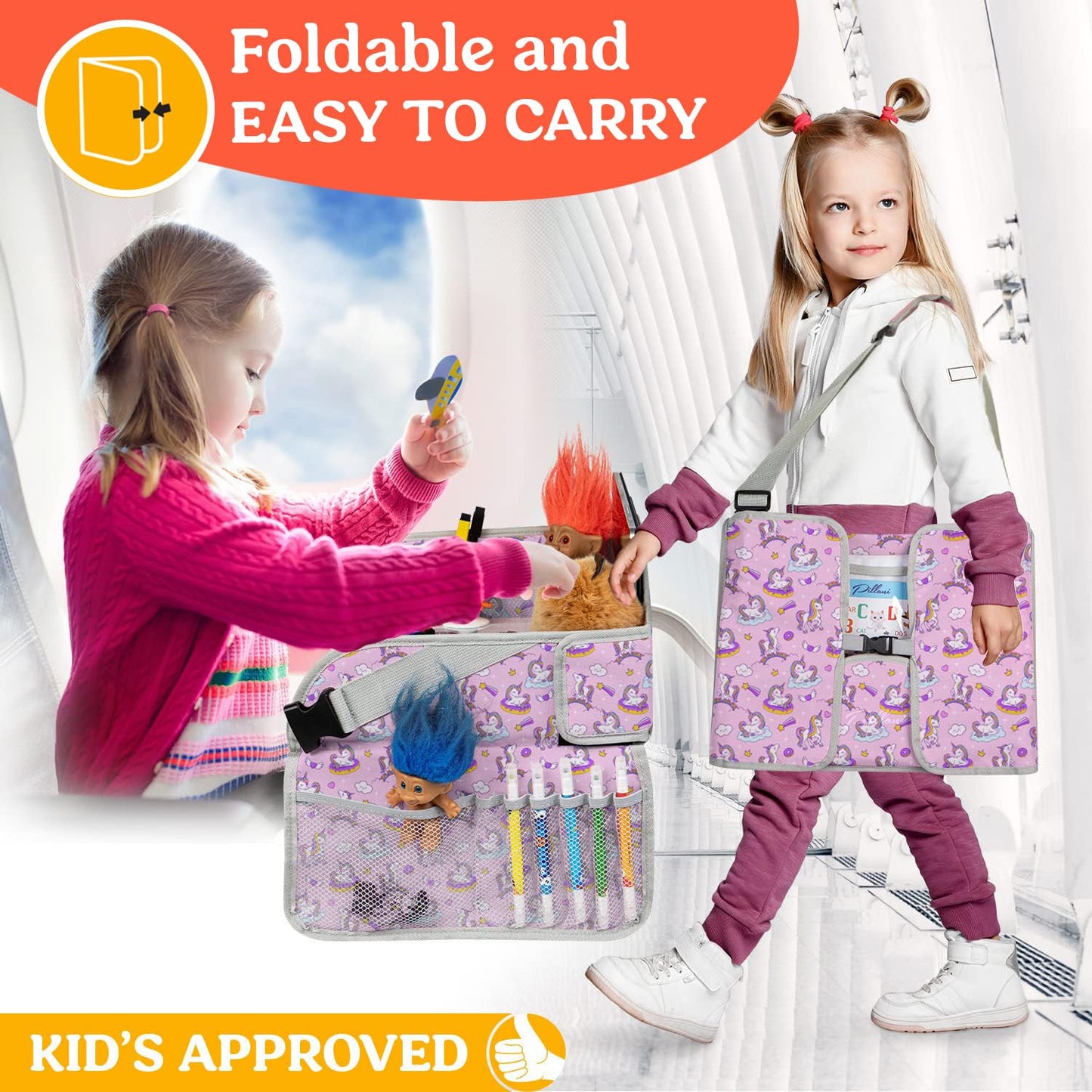 PILLANI Kids Travel Tray for Car - Car Seat Tray with Activity Sheets & Pens, Road Trip Essentials for Car & Airplane, Must Have Toddler Travel Lap Desk Accessories - Road Trip Activities for Kids