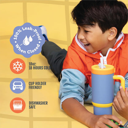 Ello Oasis 18oz Kids Tumbler with Handle & Retracting Straw, 100% Leakproof Reusable Insulated Stainless Steel Cup, Gifts for Teens Girls Boys, Keeps cold for 18 Hours, Cup Holder Friendly, Glacier