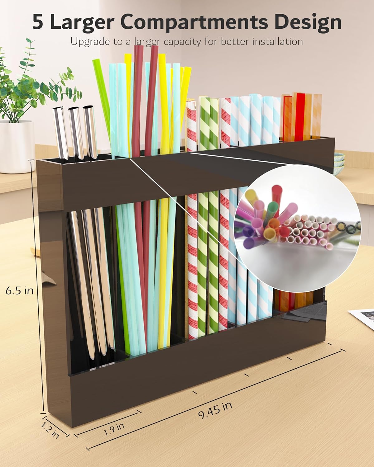 Upgraded 9.5'' Large Acrylic Straw Holder for Cabinet Door, Adjustable Space-Saving Straw Organizer Storage Dispenser for Cabinet with Ultra Sticky Adhesive Strips, 2-Part Rack, Drainage Holes